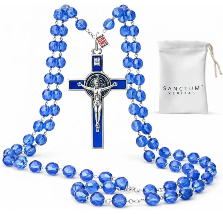 Catholic Rosary Necklace Blue Crystal Beads