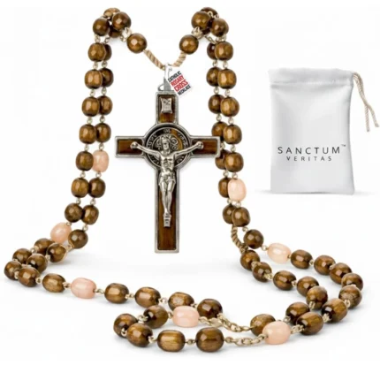 Italian Walnut Wood Catholic Rosary Necklace – Large Bead Prayer Gift