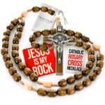Italian Walnut Wood Catholic Rosary Necklace – Large Bead Prayer Gift