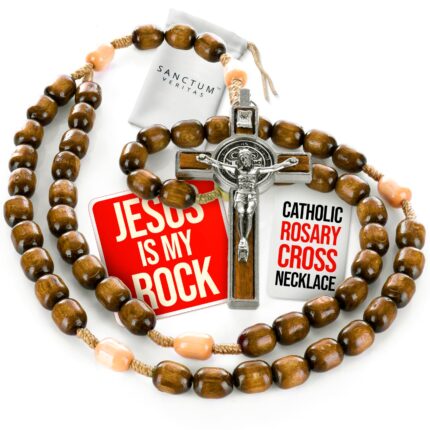 Italian Walnut Wood Catholic Rosary Necklace – Large Bead Prayer Gift