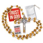 Catholic Rosary Necklace Gold Crystal Beads – Prayer Gift for Men & Women