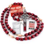 Catholic Rosary Necklace Deep Red Beads – Prayer Gift for Men & Women
