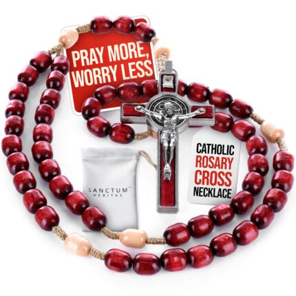 Catholic Rosary Necklace Deep Red Beads – Prayer Gift for Men & Women