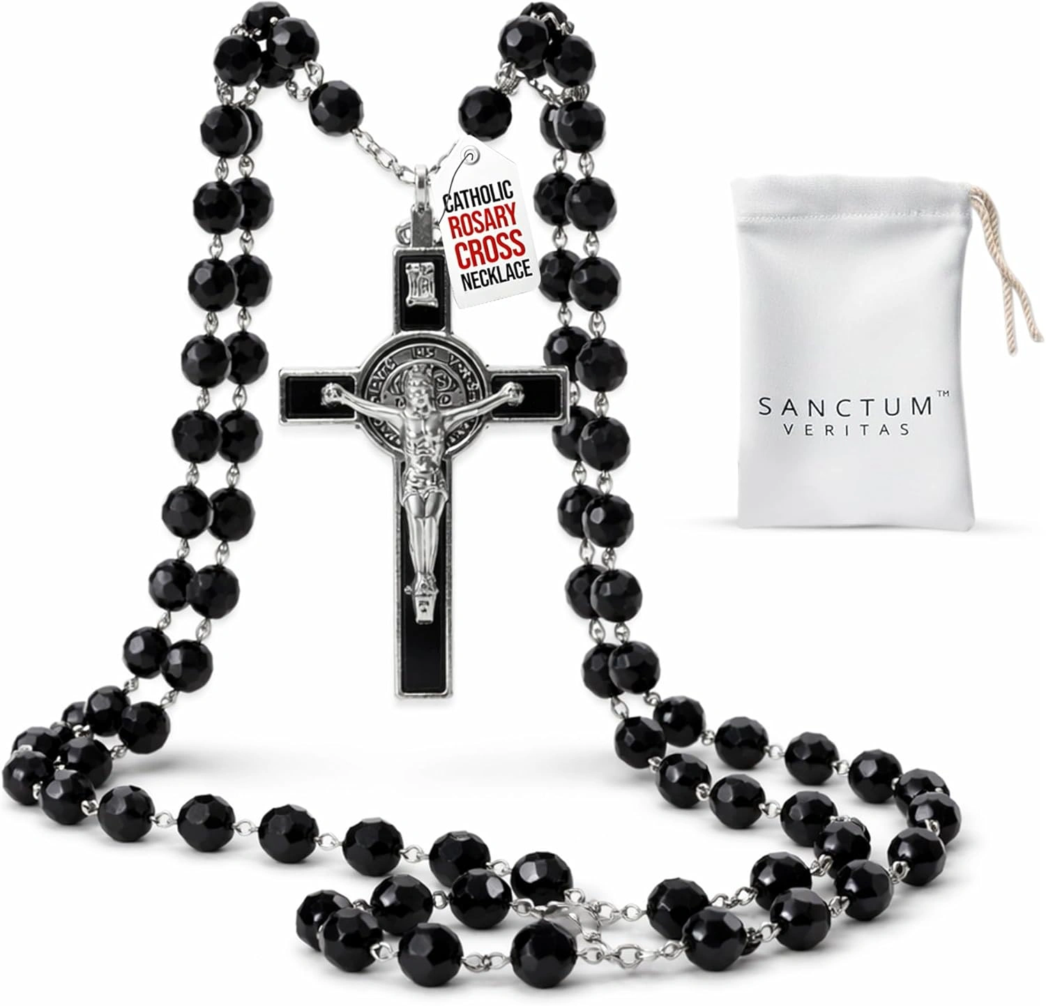 Catholic Rosary Necklace Black Crystal Beads USA